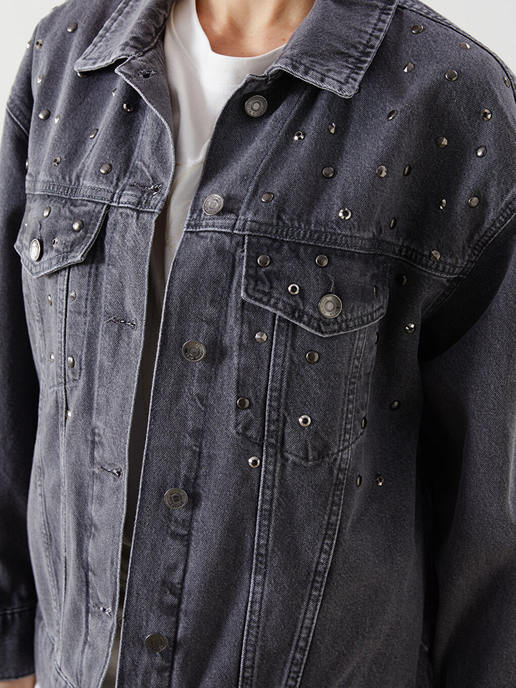 Shirt Collar Stone Studded Oversized Women'S Denim Jacket -S5EB52Z8-GRD