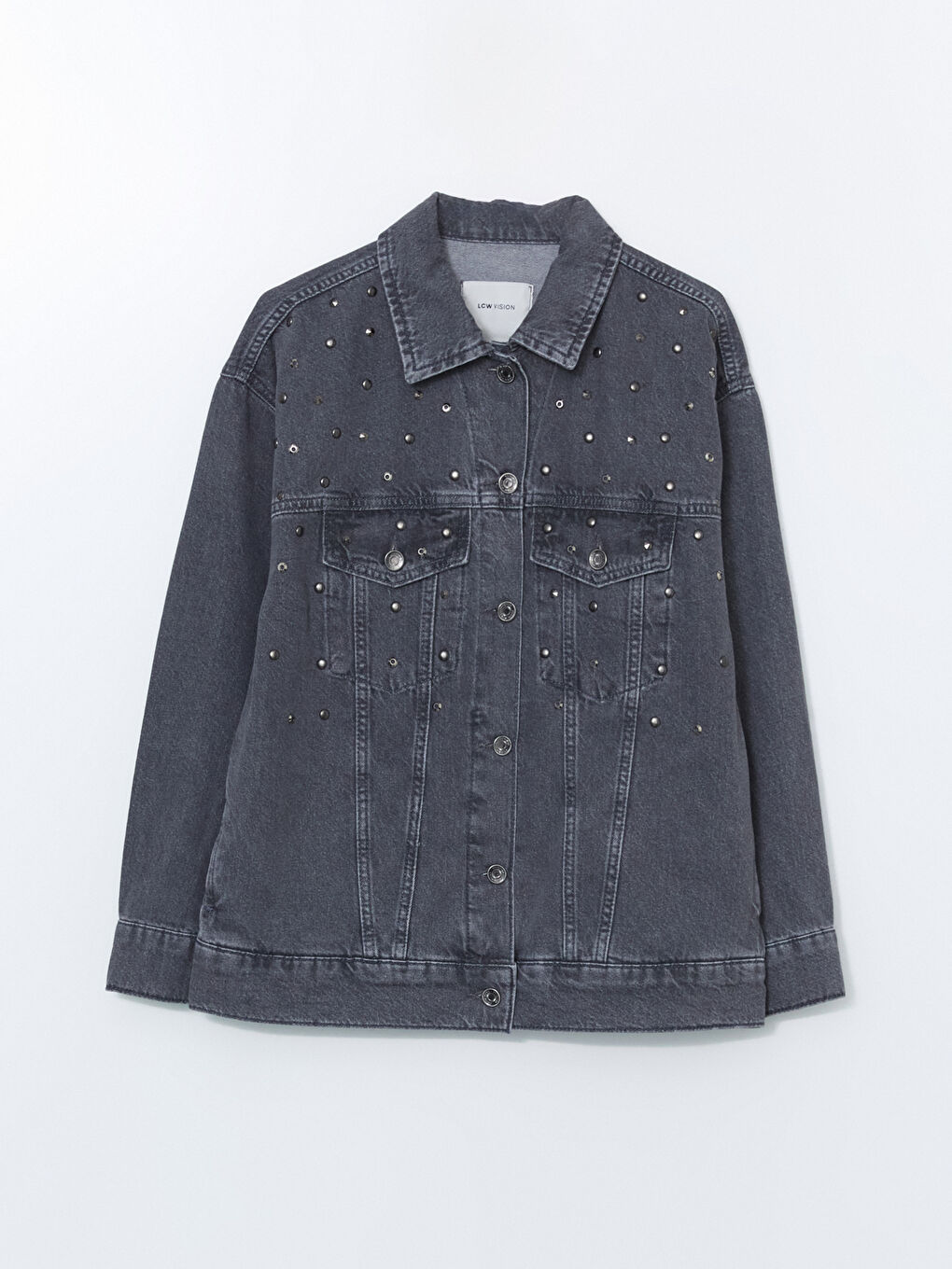 Shirt Collar Stone Studded Oversized Women'S Denim Jacket -S5EB52Z8-GRD