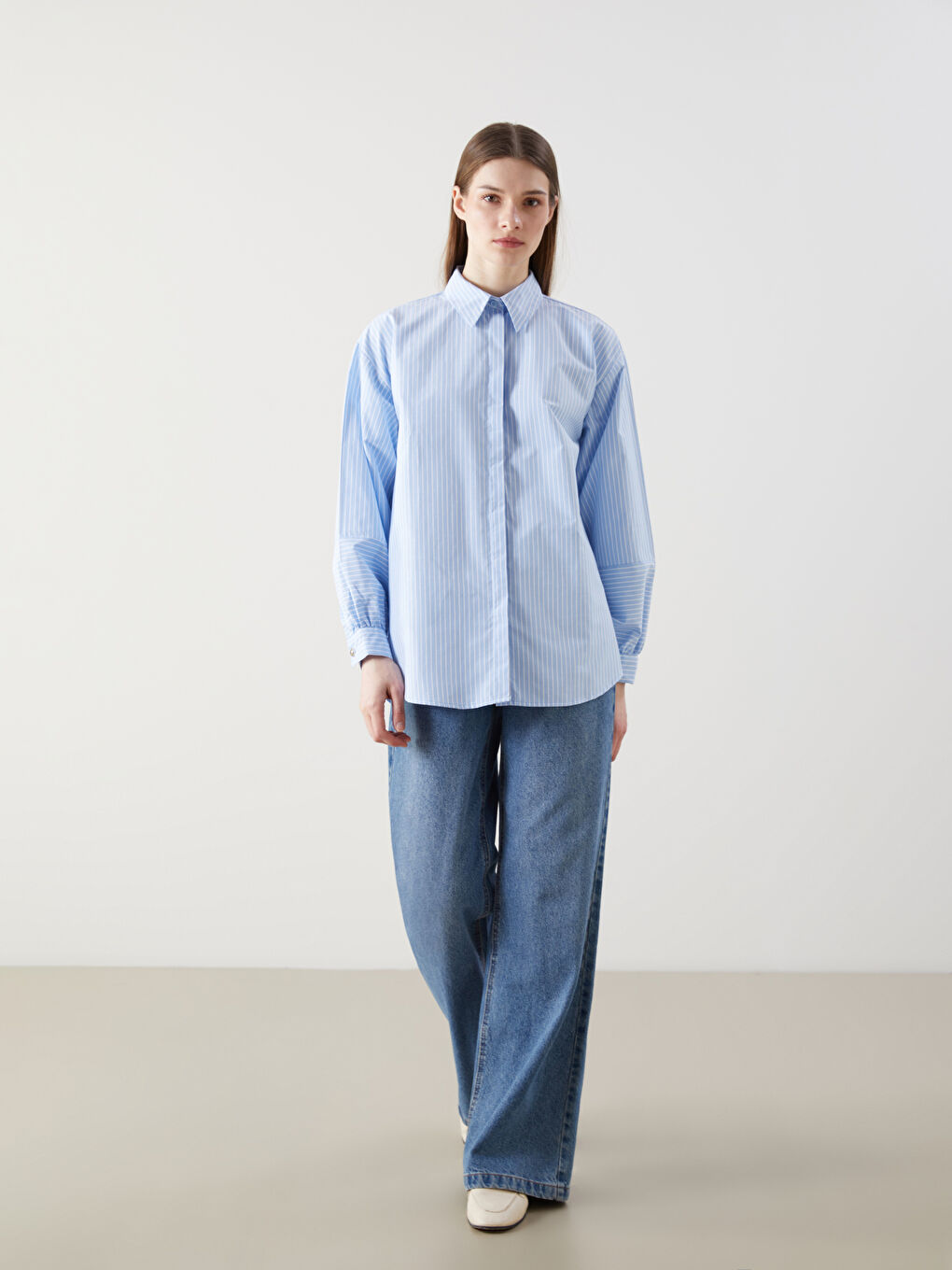 Tunique Chemise Pour Femmes En Popeline Rayée Surdimensionnée-1