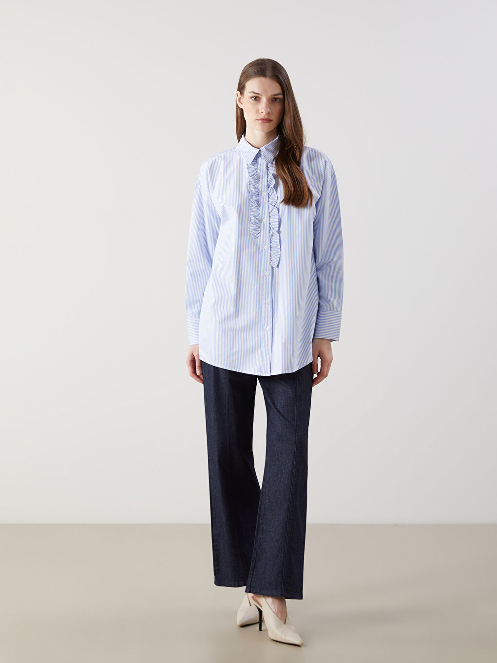 Tunique en chemise rayée à volants surdimensionnée pour Femmes-1