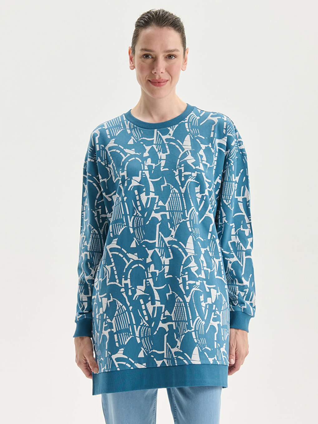 Crew Neck Patterned Oversize Women's Sweatshirt Tunic -S5EC39Z8-LQQ