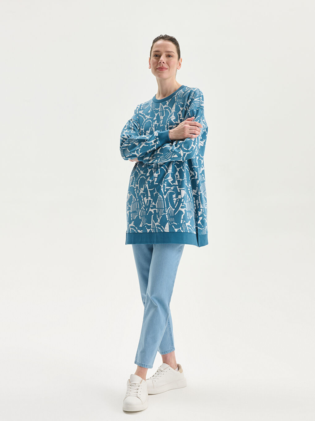 Crew Neck Patterned Oversize Women's Sweatshirt Tunic -S5EC39Z8-LQQ