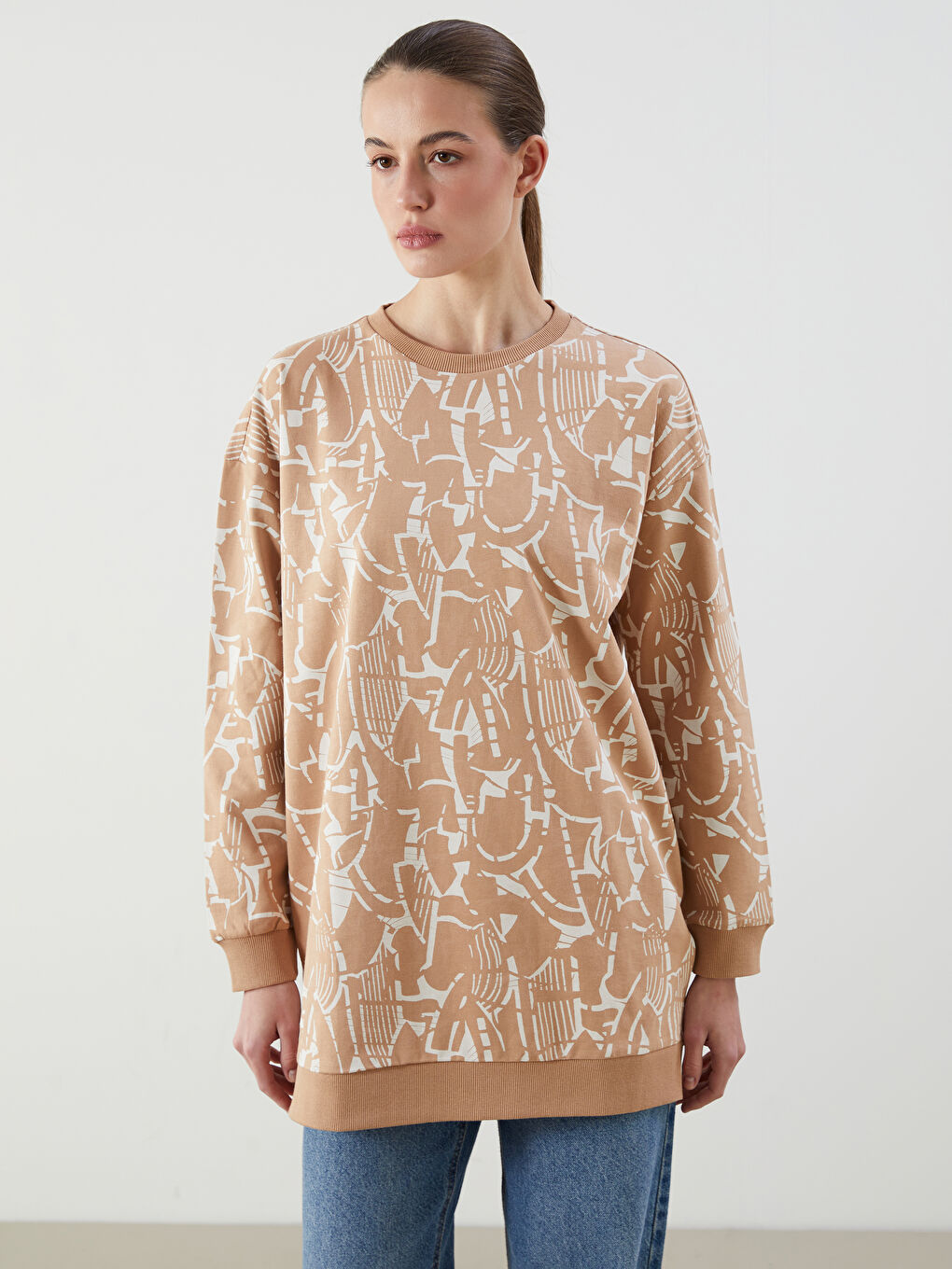 Crew Neck Patterned Oversize Women's Sweatshirt Tunic -S5EC39Z8-LQY