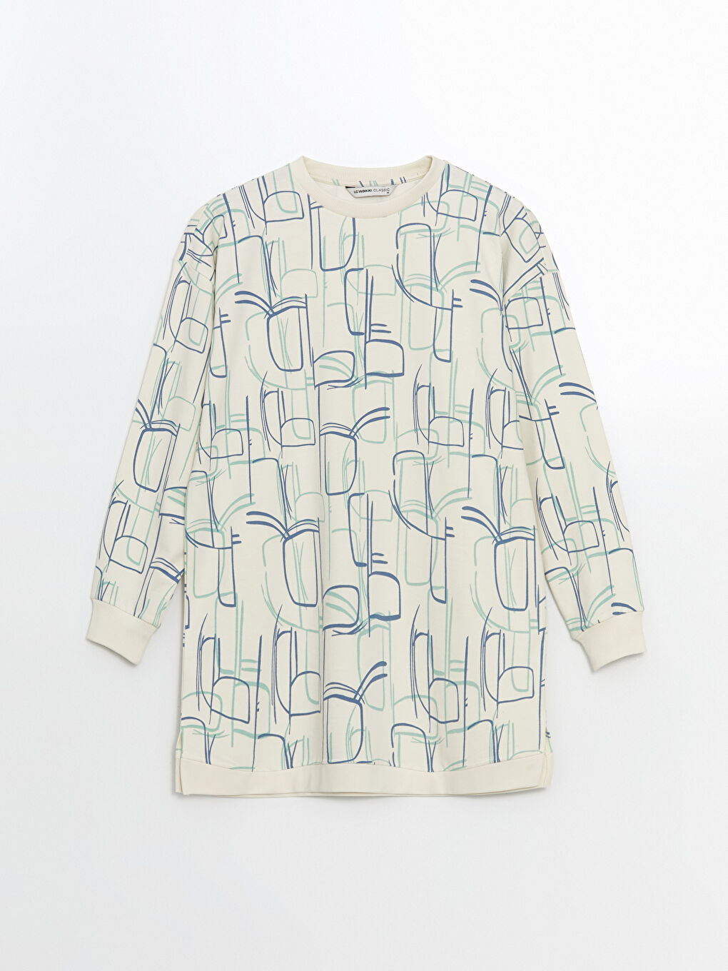 تونيك سويتشيرت واسع منقوش بياقة دائرية للسيدات-4