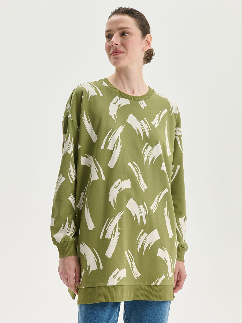 Crew Neck Patterned Oversize Women's Sweatshirt Tunic -S5EC39Z8-LS6
