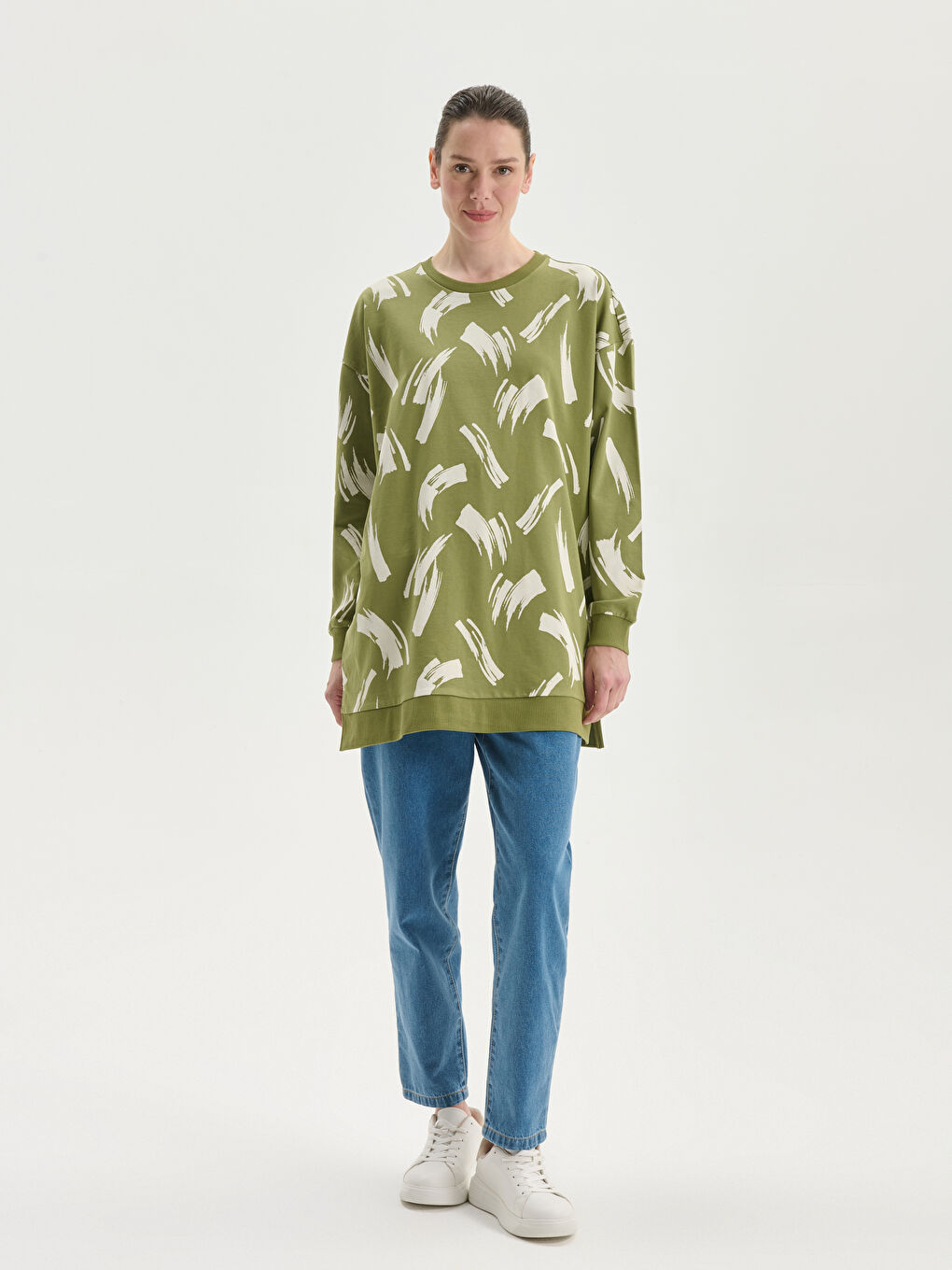 Crew Neck Patterned Oversize Women's Sweatshirt Tunic -S5EC39Z8-LS6