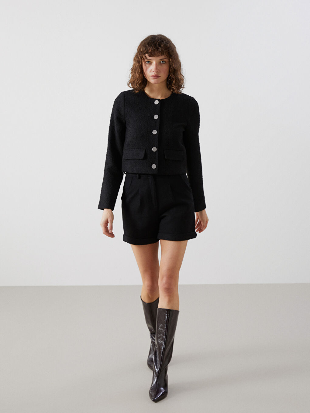 Crew Neck Textured Women's Tweed Jacket -S5EC54Z8-CVL