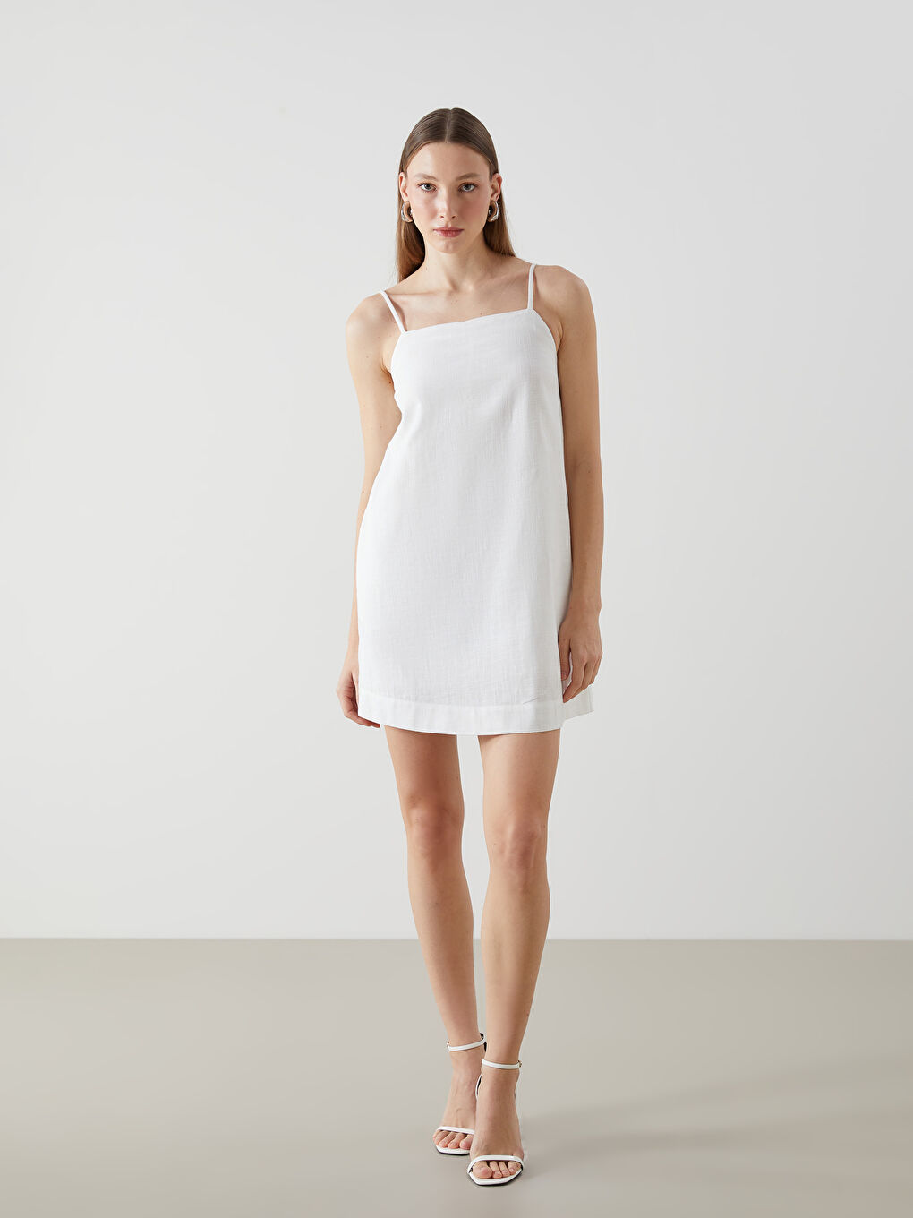 Square Collar Strappy Linen-Look Dress -S5EC71Z8-R9J