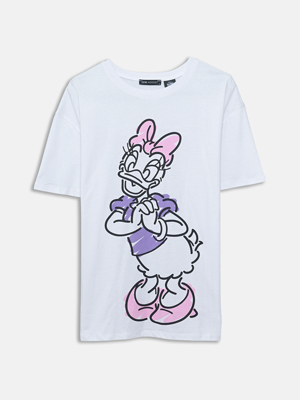 LCW Modest Bisiklet Yaka Daisy Duck Baskılı Kısa Kollu Oversize Kadın Tişört -S5EC79Z8-Q6K