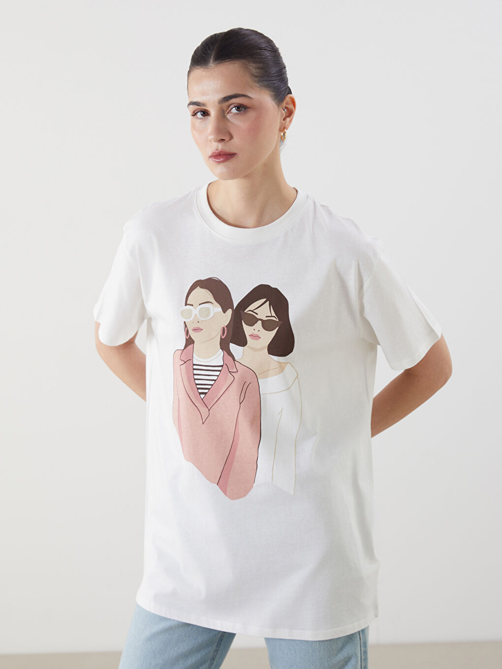 LCW Modest Bisiklet Yaka Baskılı Kadın Tişört -S5EC99Z8-R9J