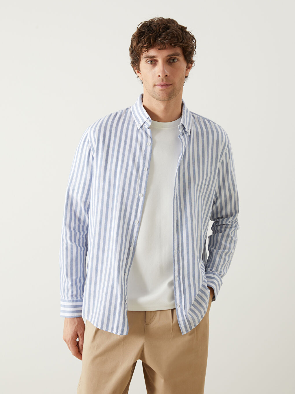 Regular Fit Long Sleeve Striped Poplin Men's Shirt