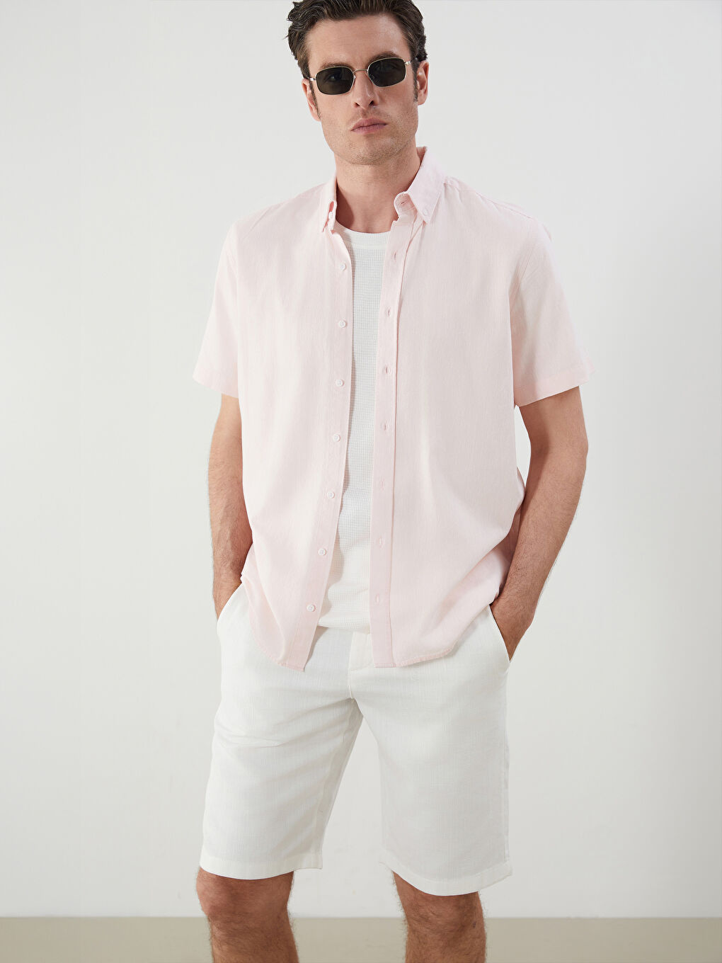 Regular Fit Short Sleeve Linen Blend Men's Shirt -S5ED23Z8-CS8