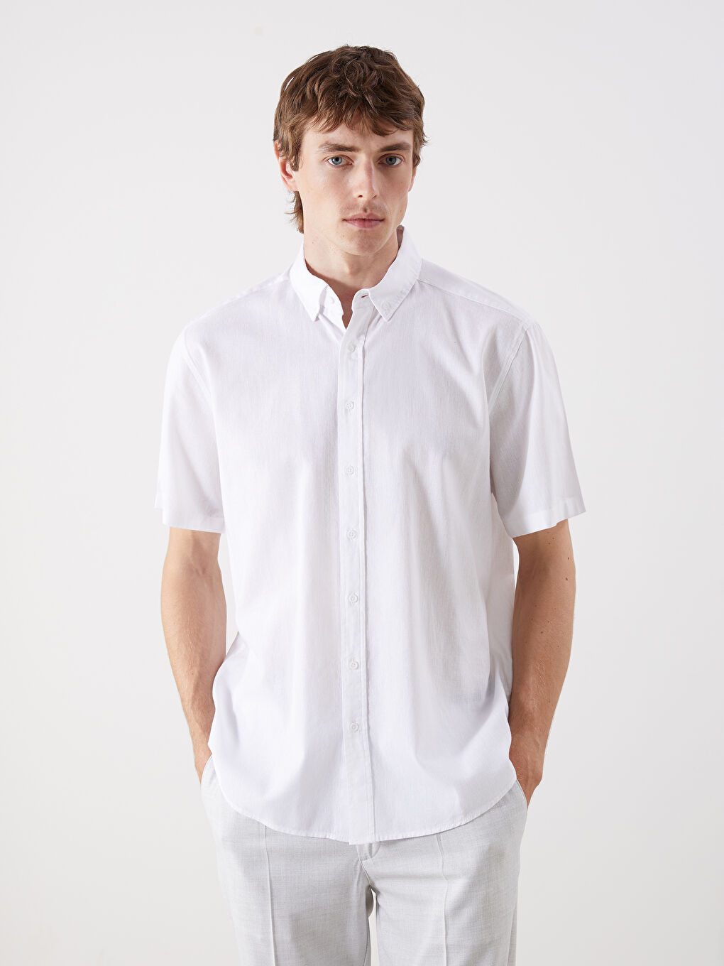 Regular Fit Short Sleeve Linen Blend Men's Shirt -S5ED23Z8-R9J