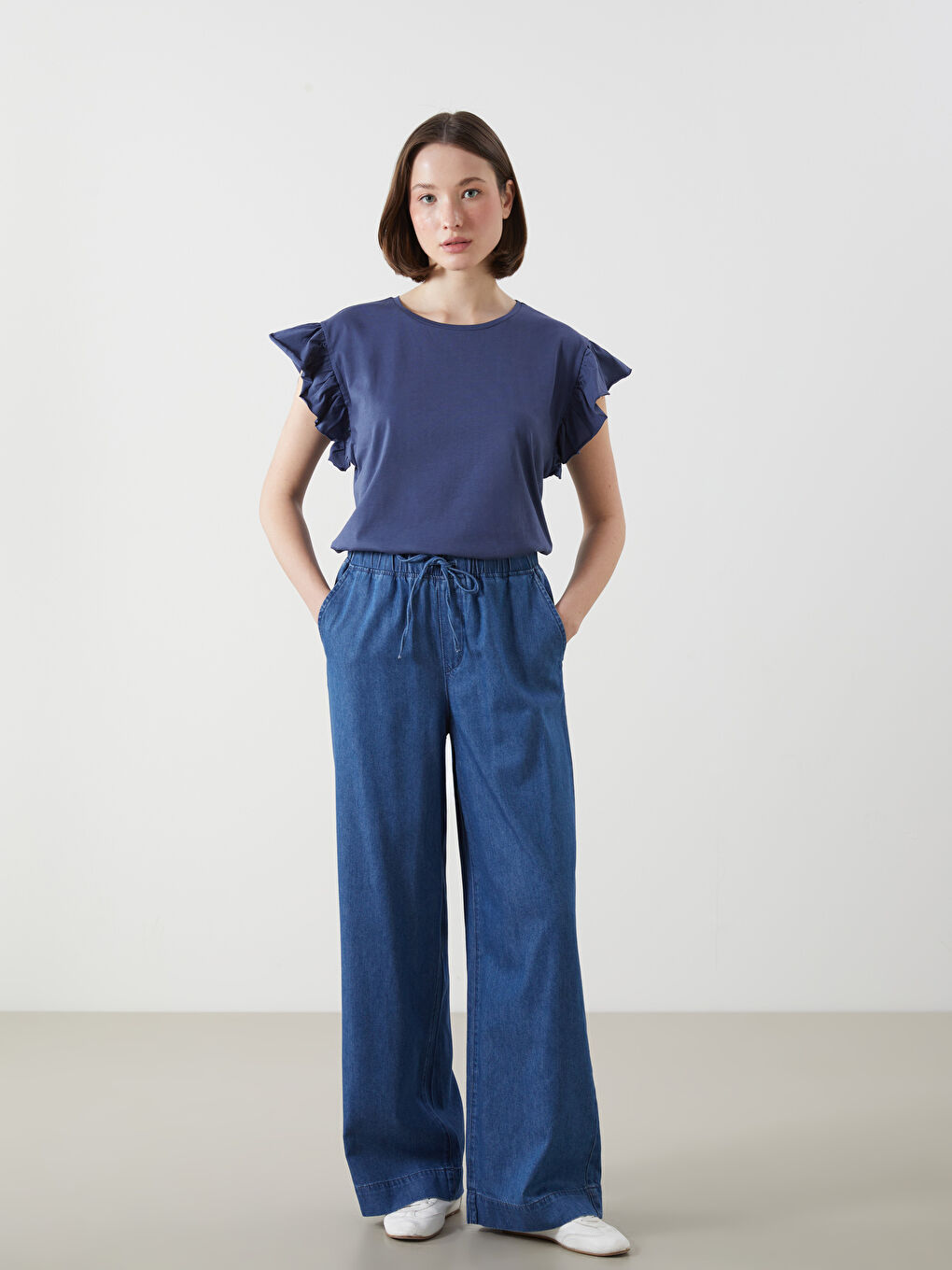 Elastic Waist Wide Leg Women's Jeans -S5ED56Z8-H45