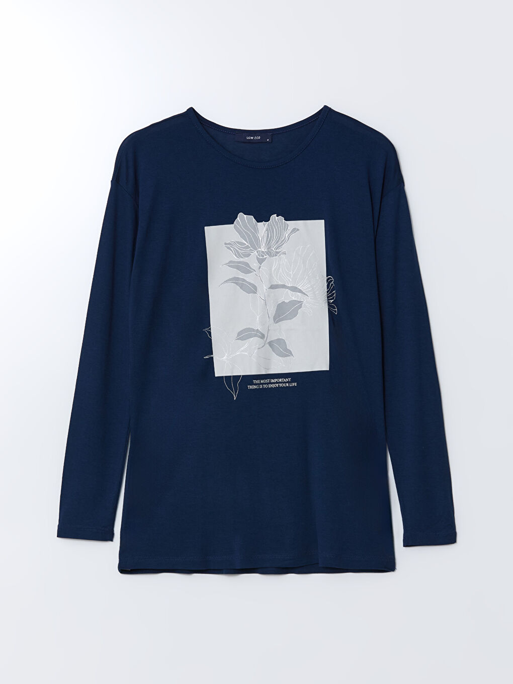 Lacivert Bisiklet Yaka Baskılı Kadın Tişört-4