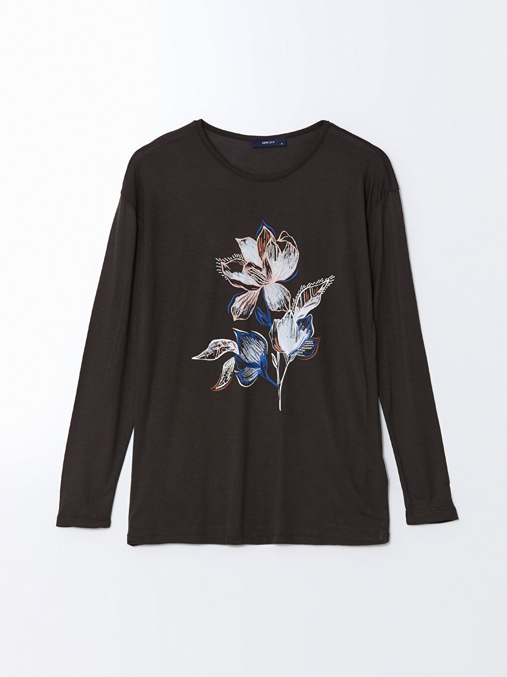 Kahverengi Bisiklet Yaka Çiçekli Kadın Tişört-4