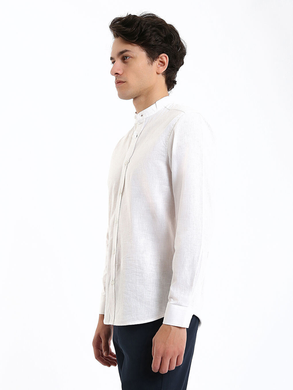 قميص رجال سليم كم طويل خليط الكتان-3