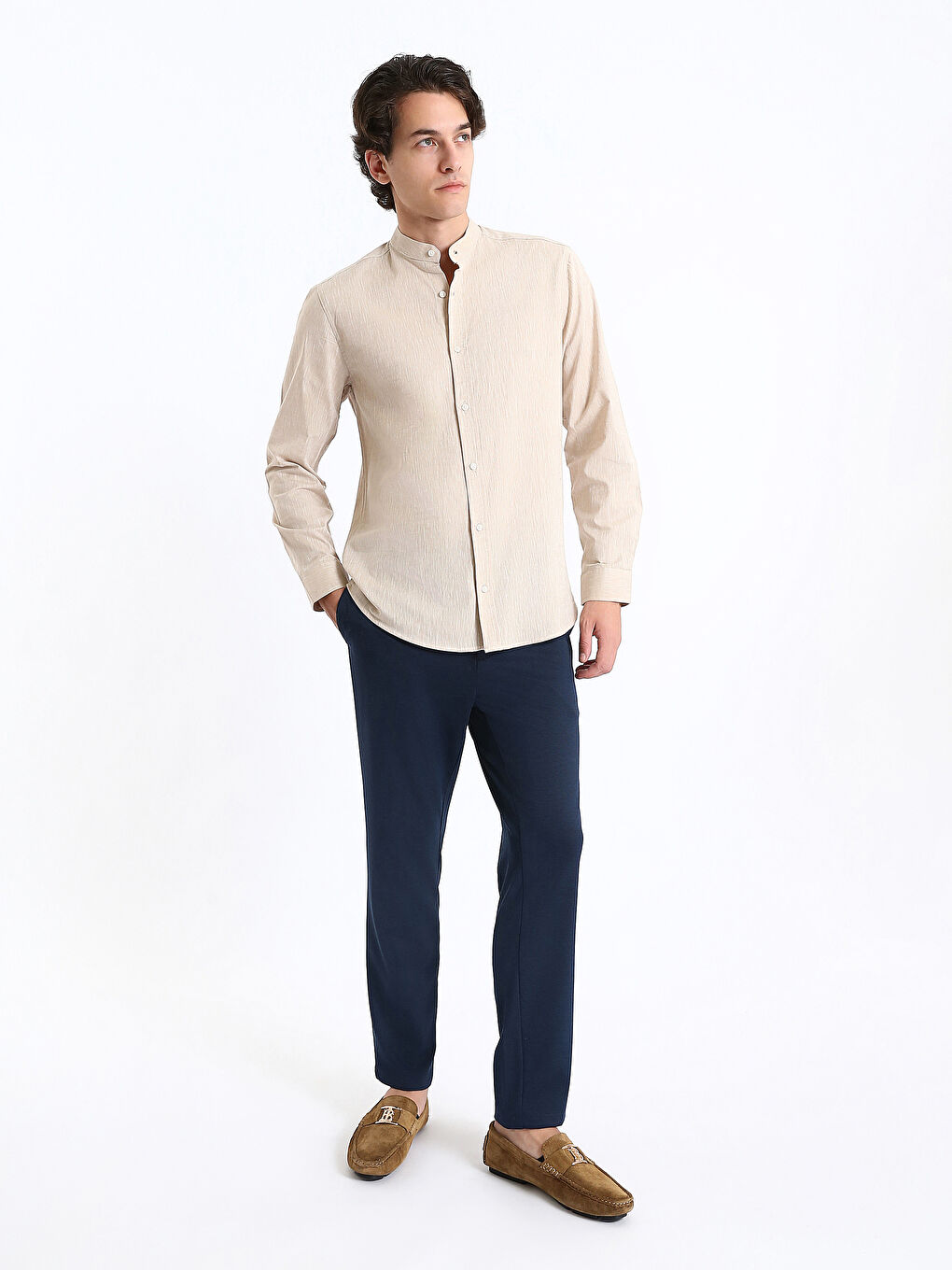 قميص رجالي بأكمام طويلة وخليط كتان بقصة عادية-1