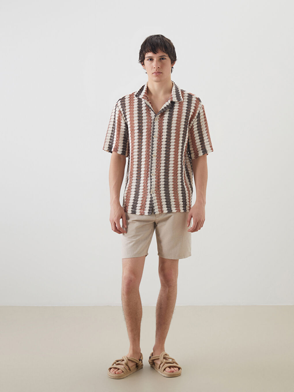 Karışık Rahat Kalıp Kısa Kollu Çizgili Erkek Gömlek-2