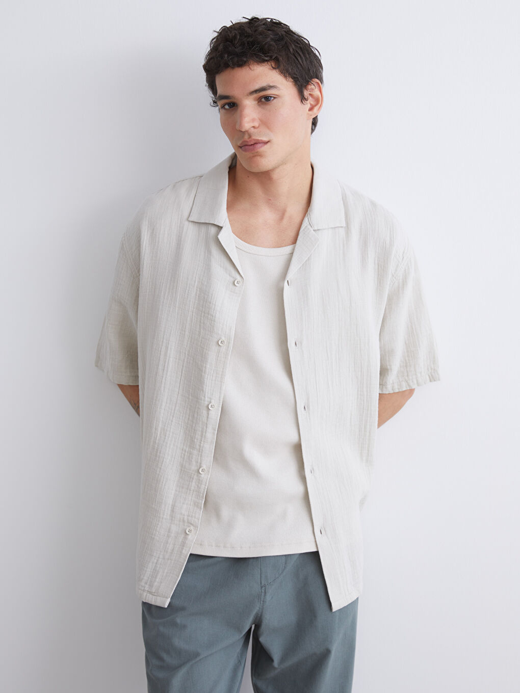 XSIDE Men's Short Sleeve Muslin Resort Collar Shirt -S5EF75Z8-G6E