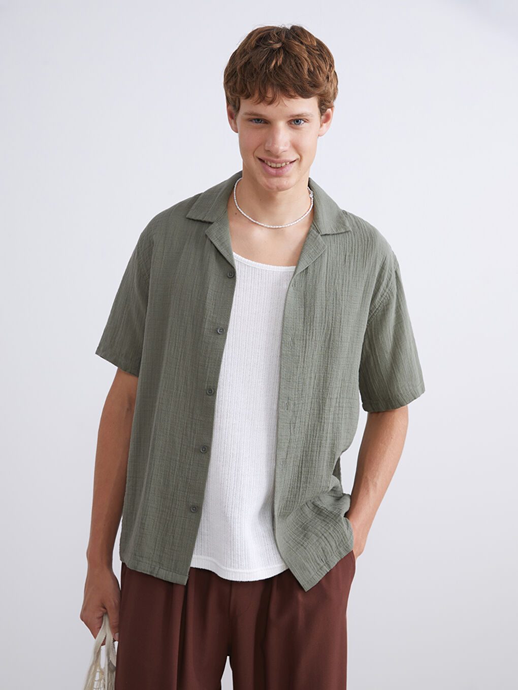 XSIDE Men's Short Sleeve Muslin Resort Collar Shirt -S5EF75Z8-YAG