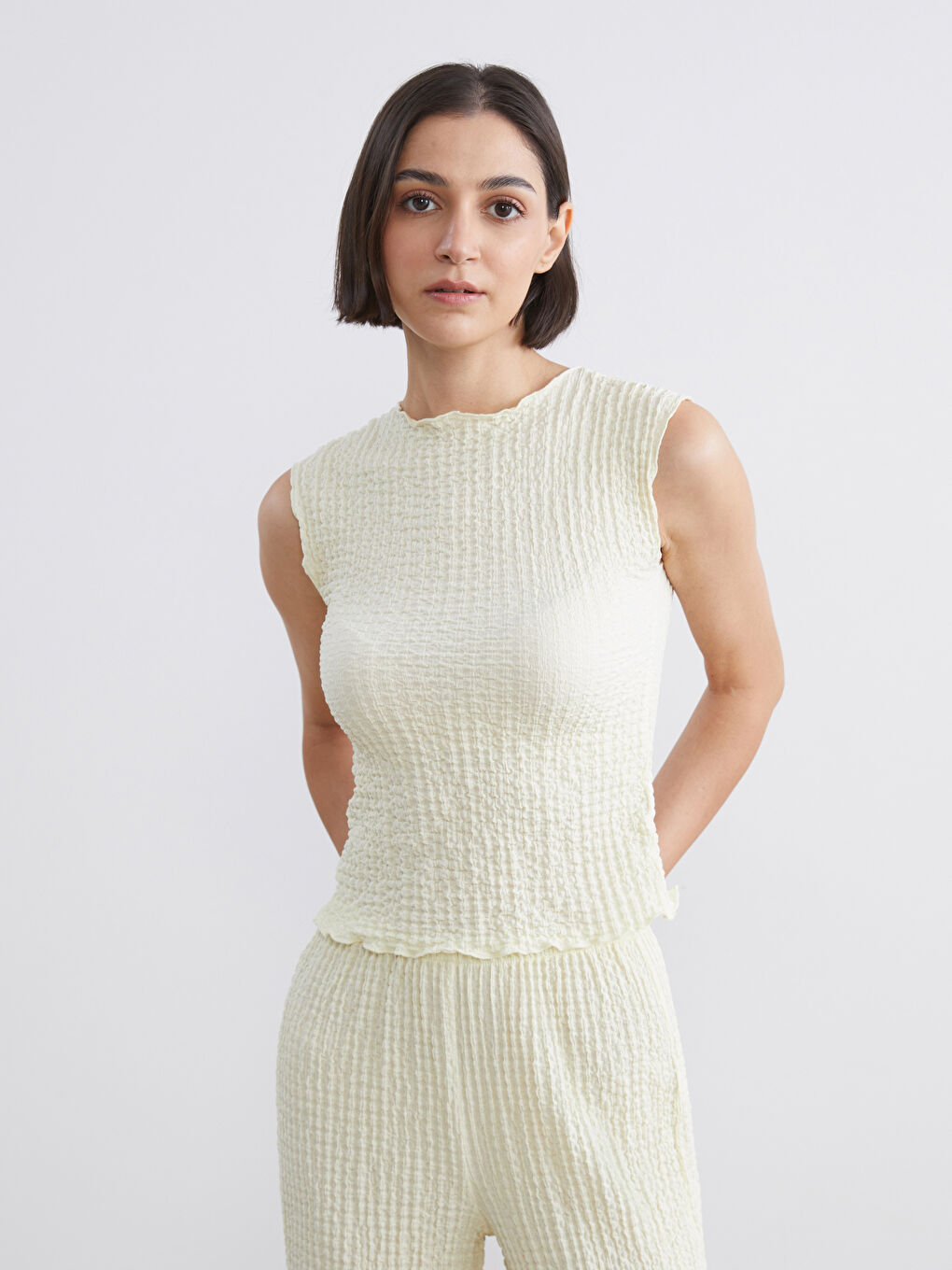 Sarı Bisiklet Yaka Dokulu Bluz-2