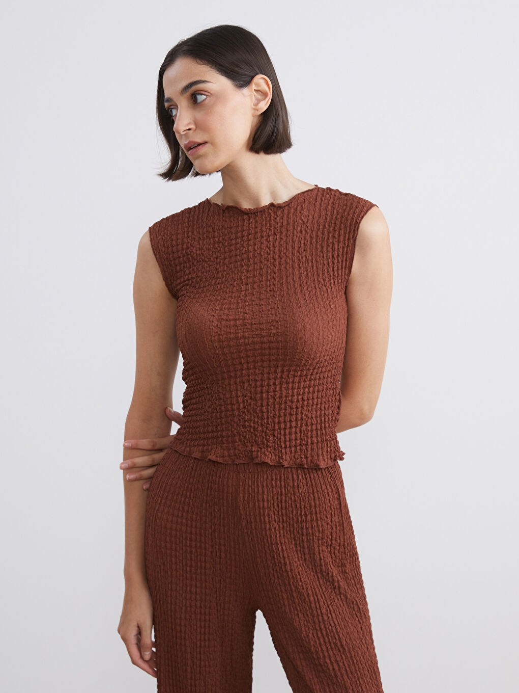 Kahverengi Bisiklet Yaka Dokulu Bluz-2