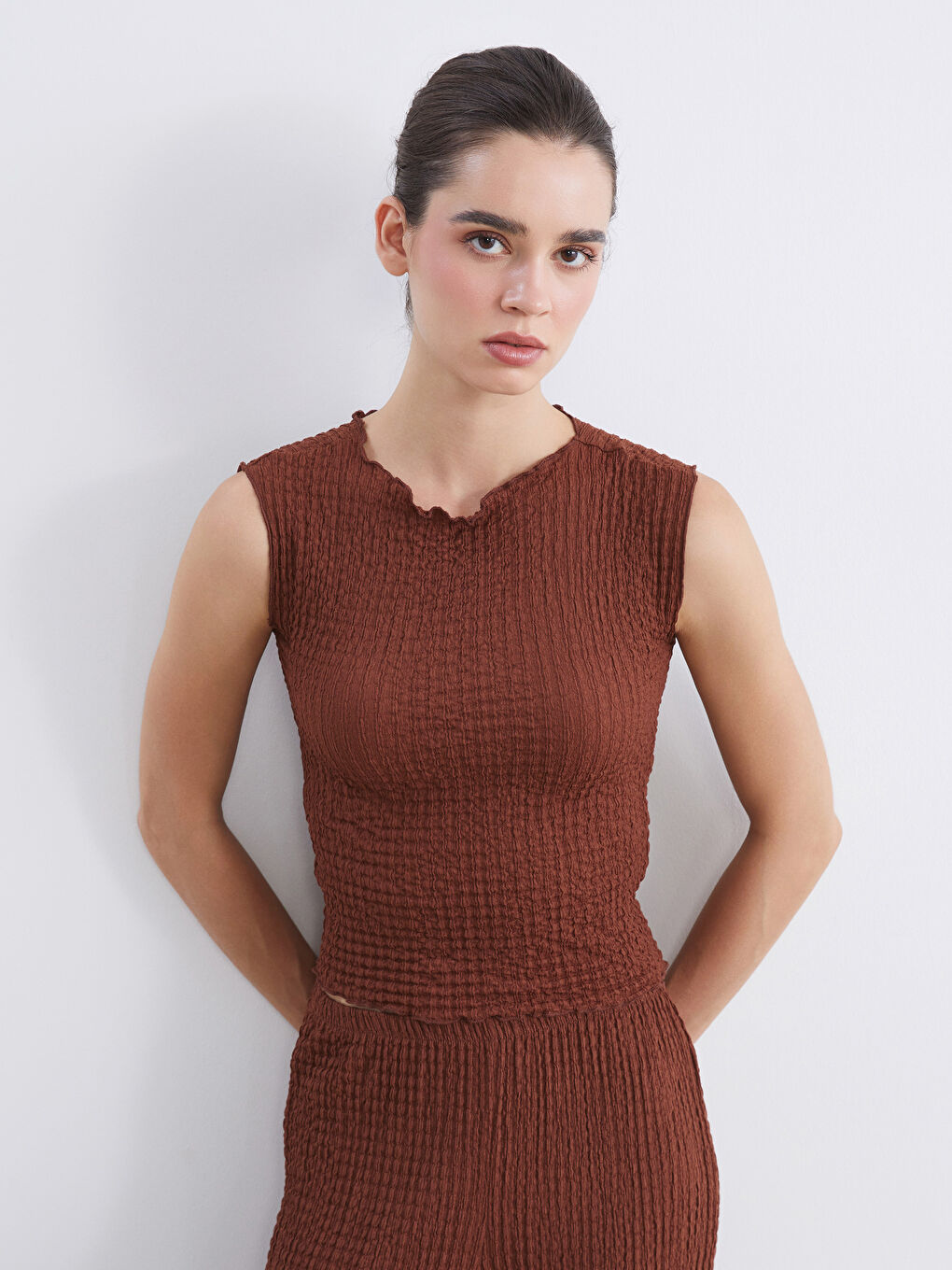 Kahverengi Bisiklet Yaka Dokulu Bluz-1