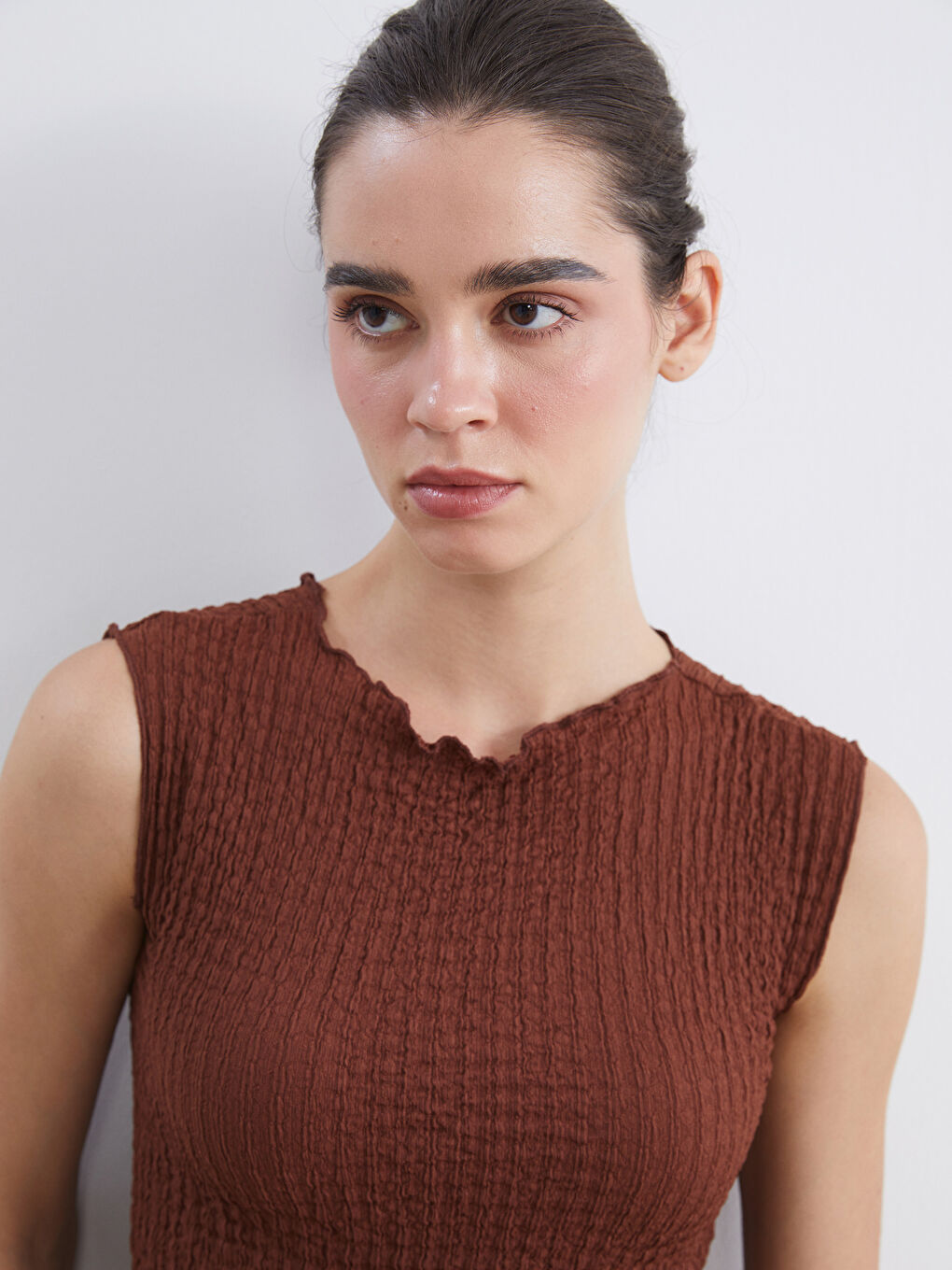 Kahverengi Bisiklet Yaka Dokulu Bluz-7