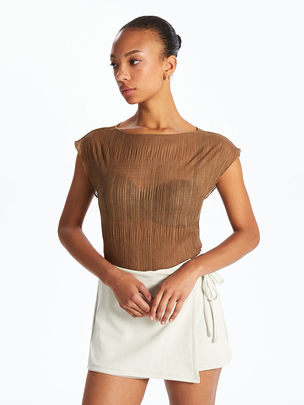 Haki Kayık Yaka Dokulu Bluz