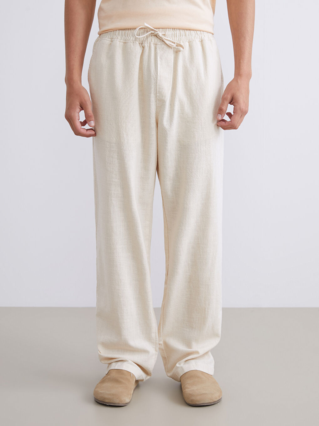 Bej Rahat Kalıp Keten Görünümlü Erkek Pantolon-1