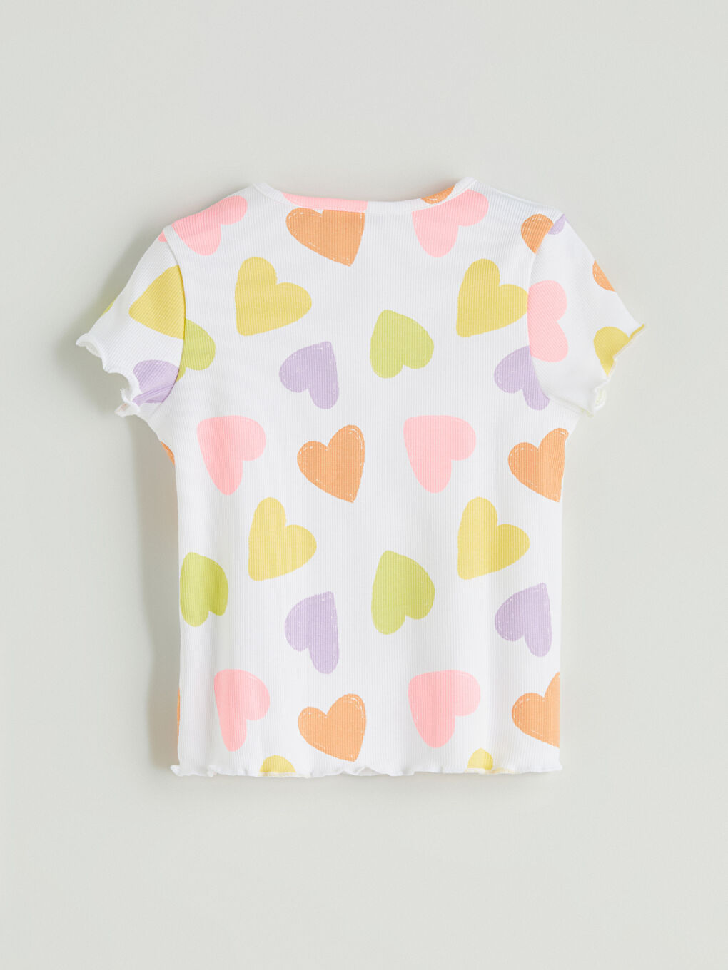 Heart Printed Ruffled Ribbed Girls' T-Shirt -S5EL35Z1-LRA