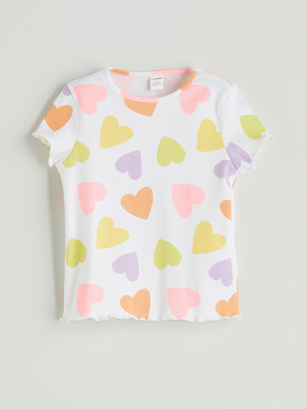 Heart Printed Ruffled Ribbed Girls' T-Shirt -S5EL35Z1-LRA