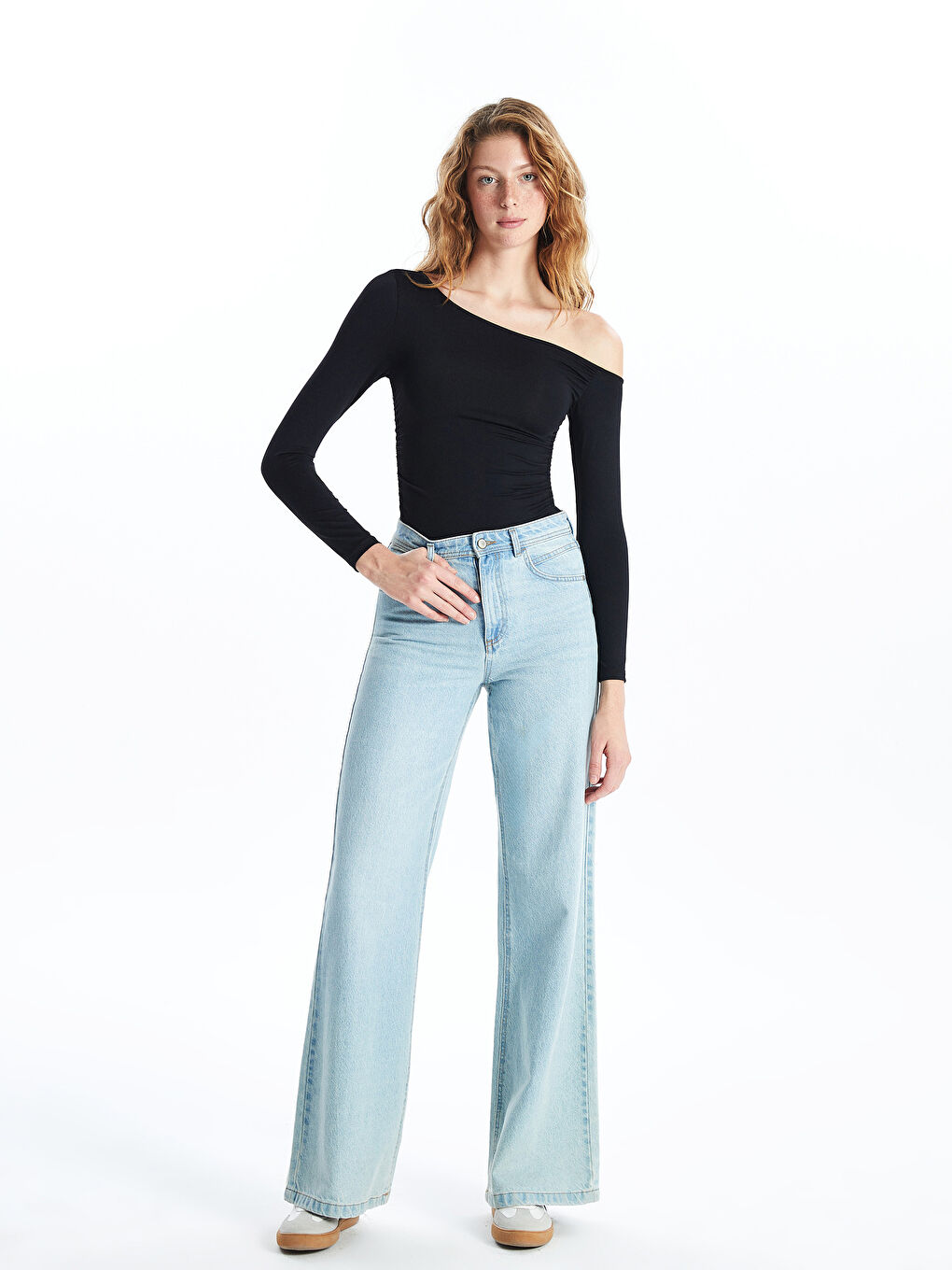 Slash Neck Gathered Interlock Women's Blouse-1