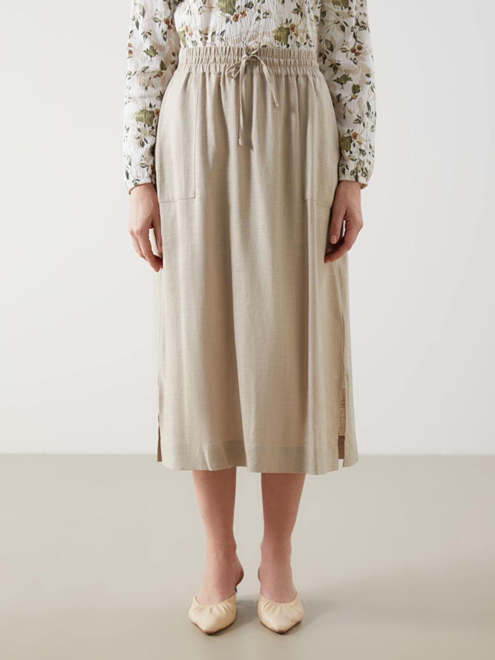 Elasticated Waist A-Line Linen Blend Skirt -S5EN04Z8-FGB