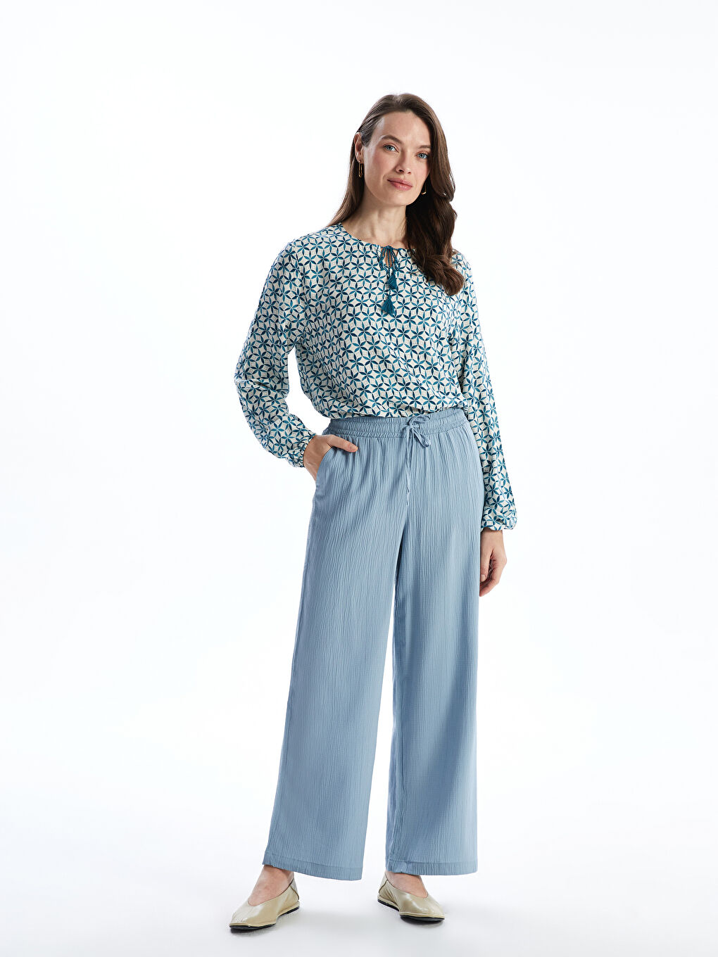 Elasticated Waist Textured Women's Trousers -S5EO23Z8-GMH