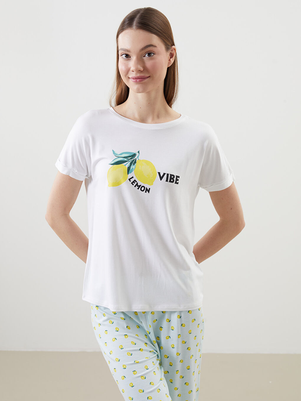 Crew Neck Printed Women's Pyjama Set -S5EP13Z8-LQK