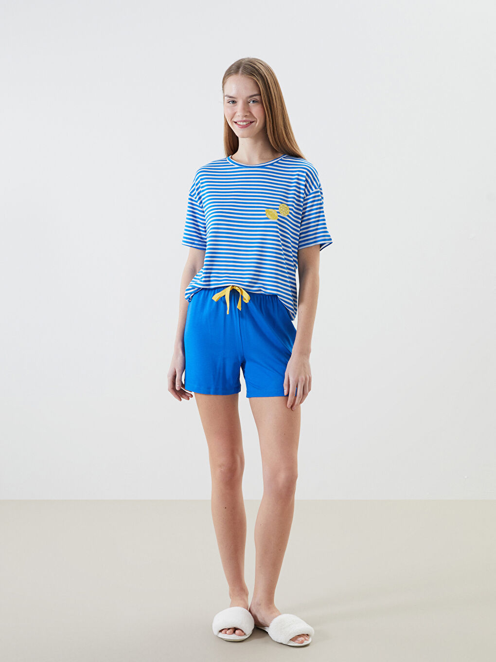 Crew Neck Striped Women's Shortie Pyjama Set -S5EP16Z8-HGU
