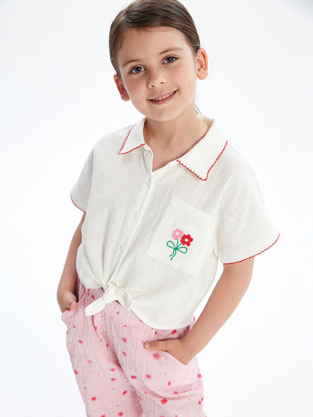 Loose Fit Girls' Shirt with Floral Embroidery -S5EP38Z1-JYX