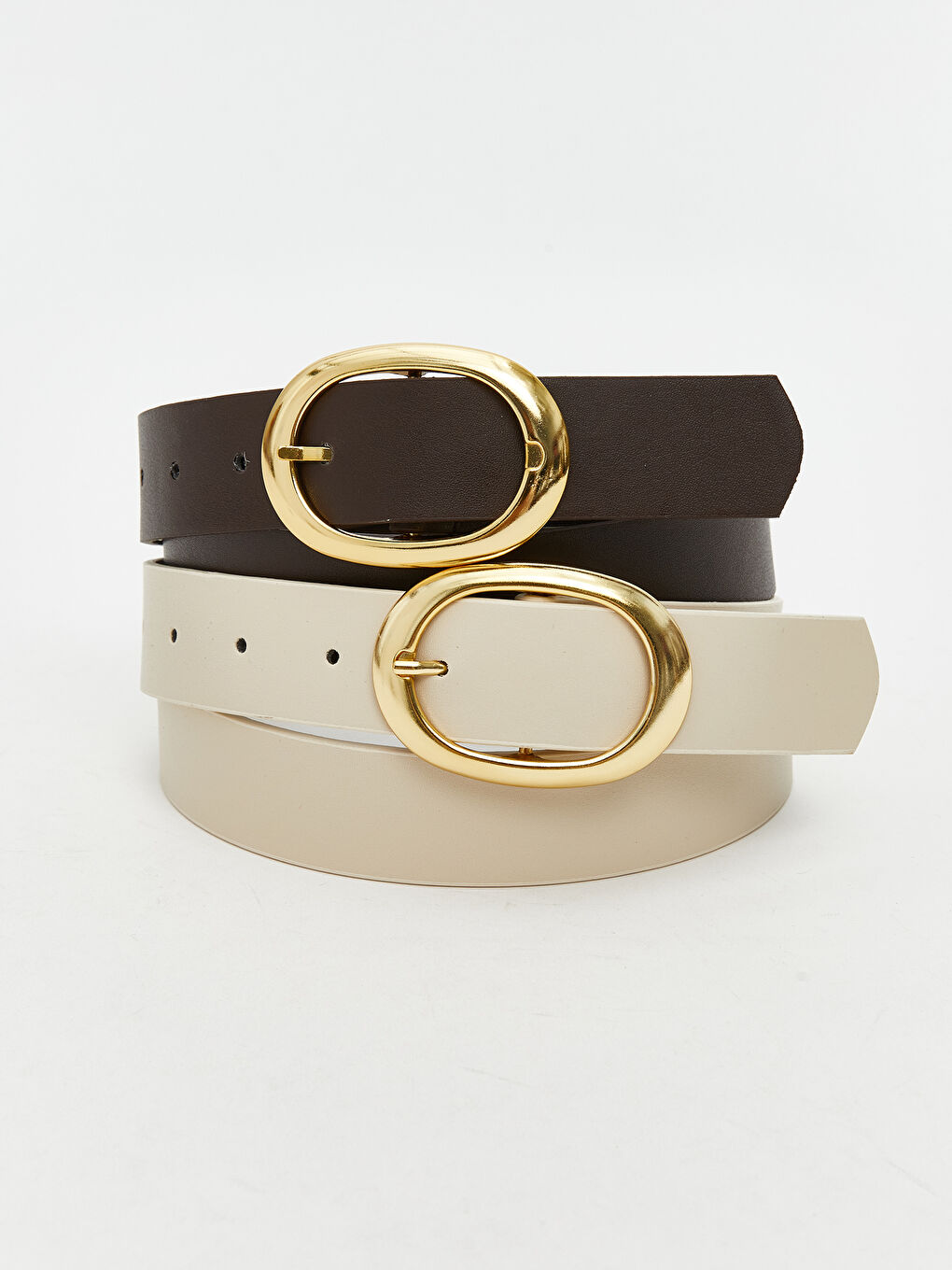 Ekru Deri Görünümlü Kadın Kemer 2'li