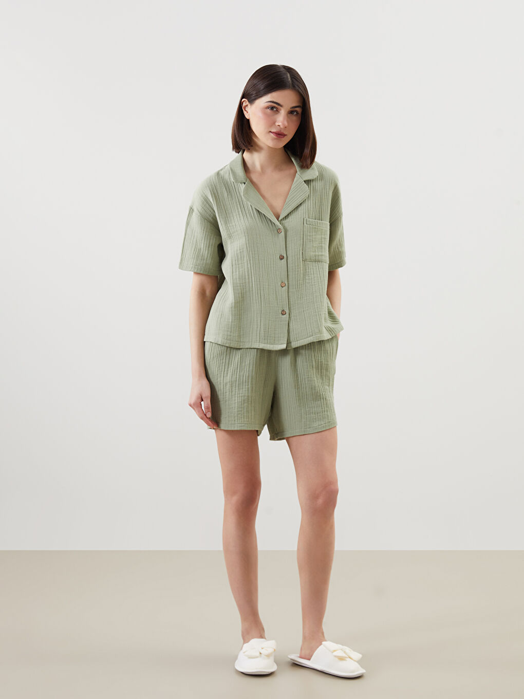 Collared Neck Women's Shortie Pyjama Set -S5EP80Z8-GHY