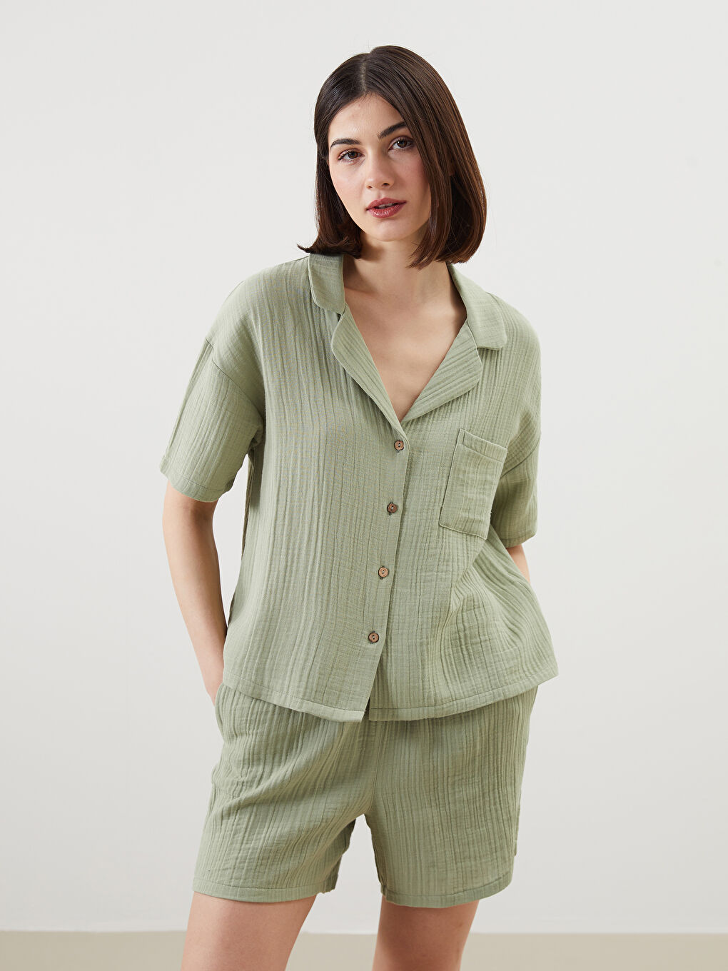 Collared Neck Women's Shortie Pyjama Set -S5EP80Z8-GHY