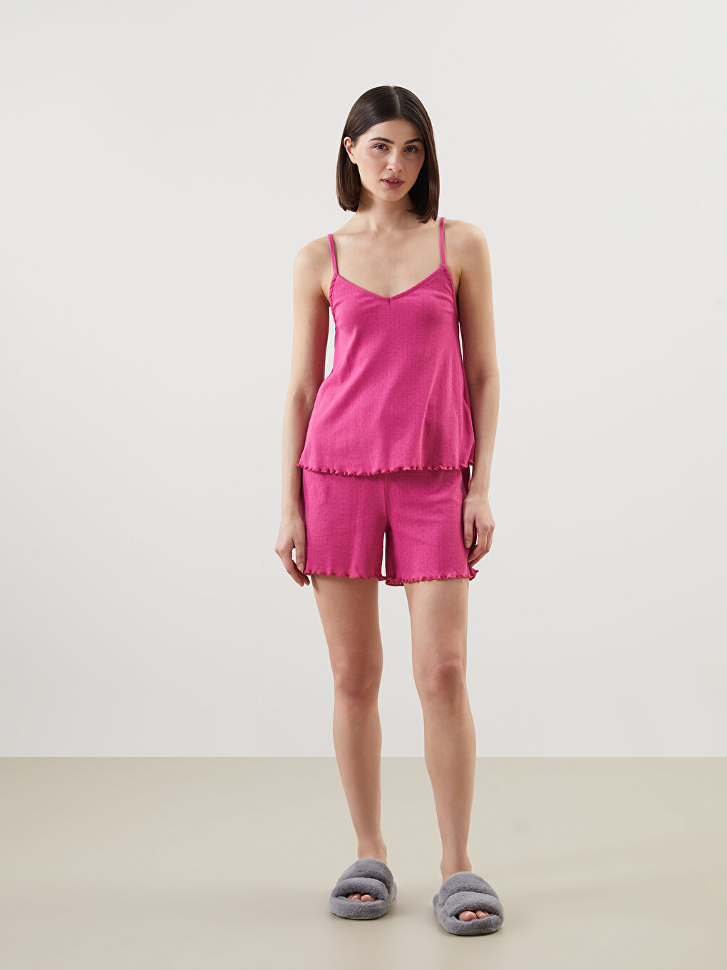 U-Neck Self-Patterned Strappy Women'S Shorts Pajama Set -S5EP85Z8-GRK