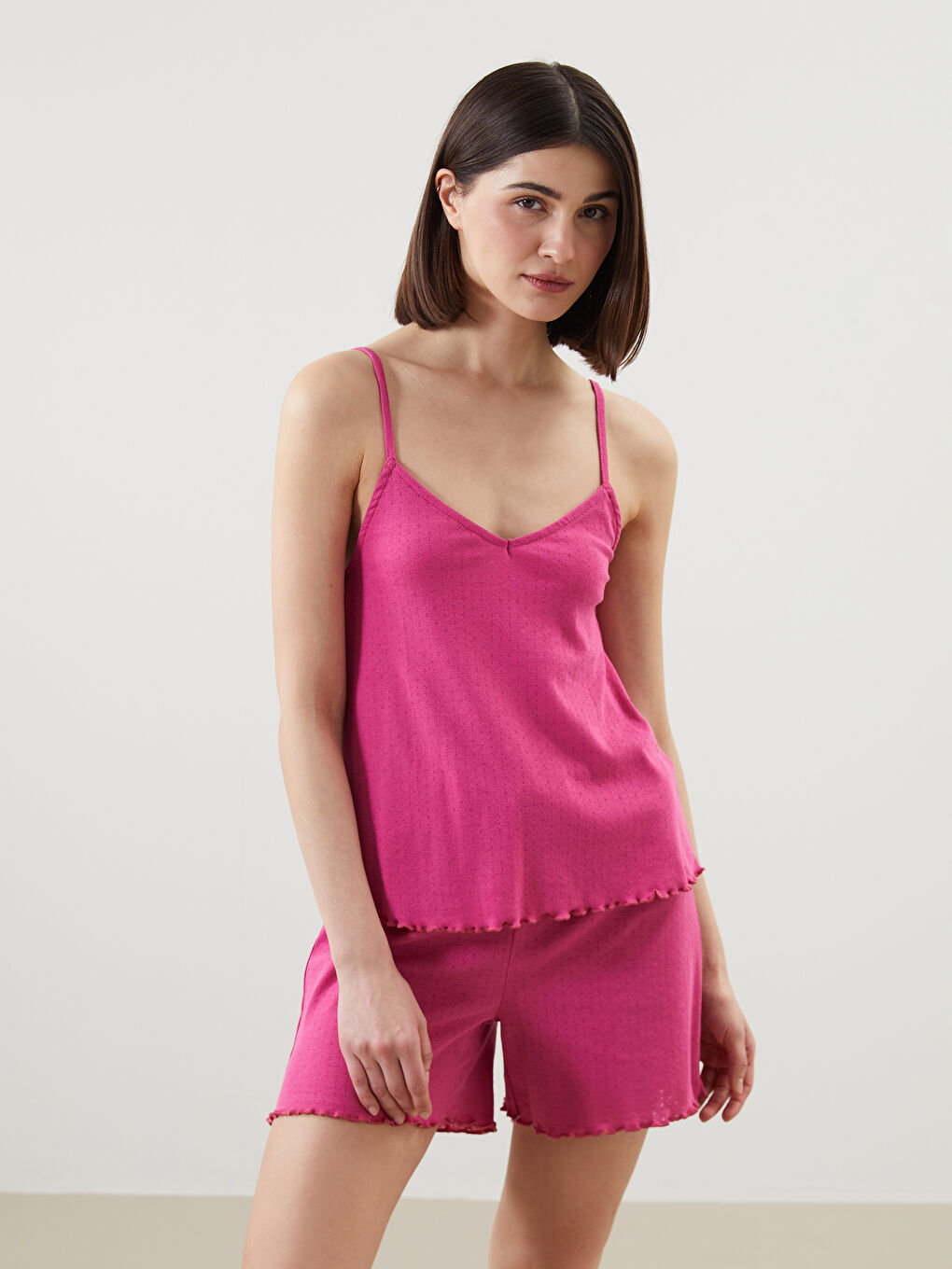 U-Neck Self-Patterned Strappy Women'S Shorts Pajama Set -S5EP85Z8-GRK