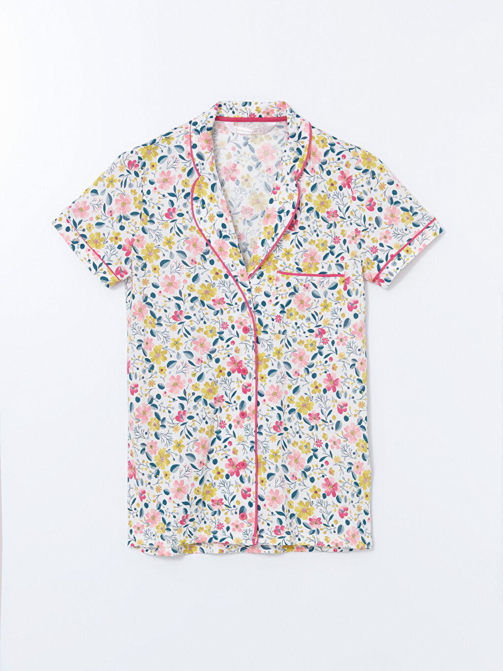 Ekru Pijama Yaka Çiçekli Kadın Pijama Üst