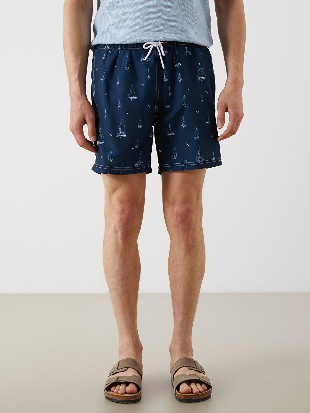 Lacivert Kısa Boy Desenli Erkek Deniz Şortu-1
