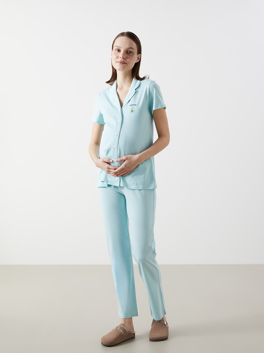 Collared Neck Embroidered Maternity Pyjama Set -S5EQ62Z8-FUZ