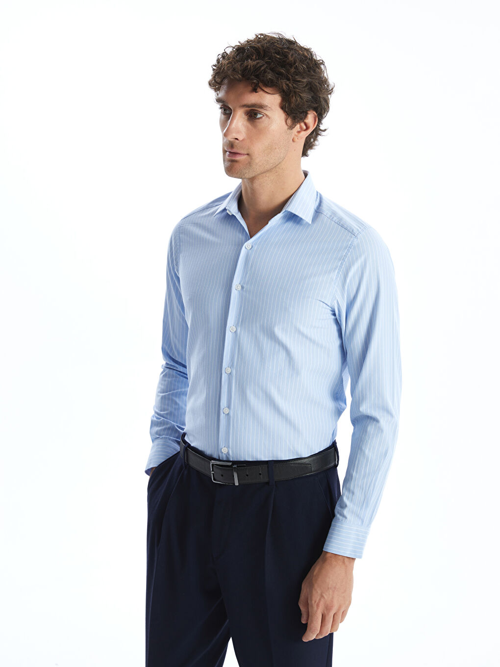 Mavi Slim Fit Uzun Kollu Çizgili Poplin Erkek Gömlek