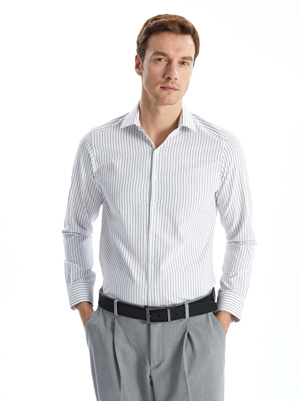 Chemise Pour Hommes Svelte À Manches Longues En Popeline Rayée