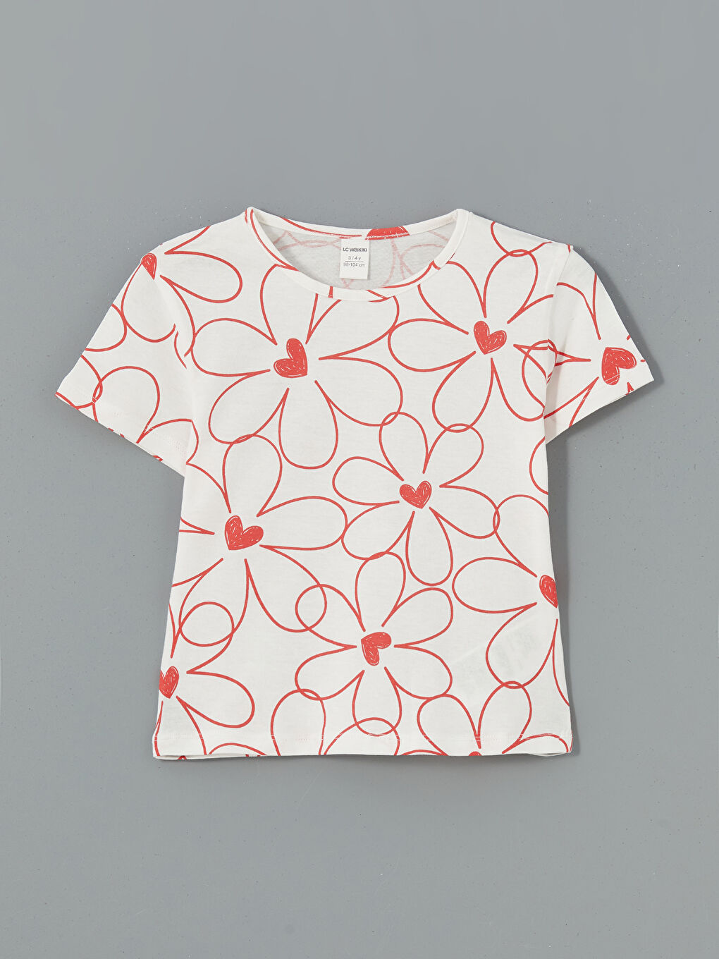 Ekru Bisiklet Yaka Çiçekli Kız Çocuk Tişört